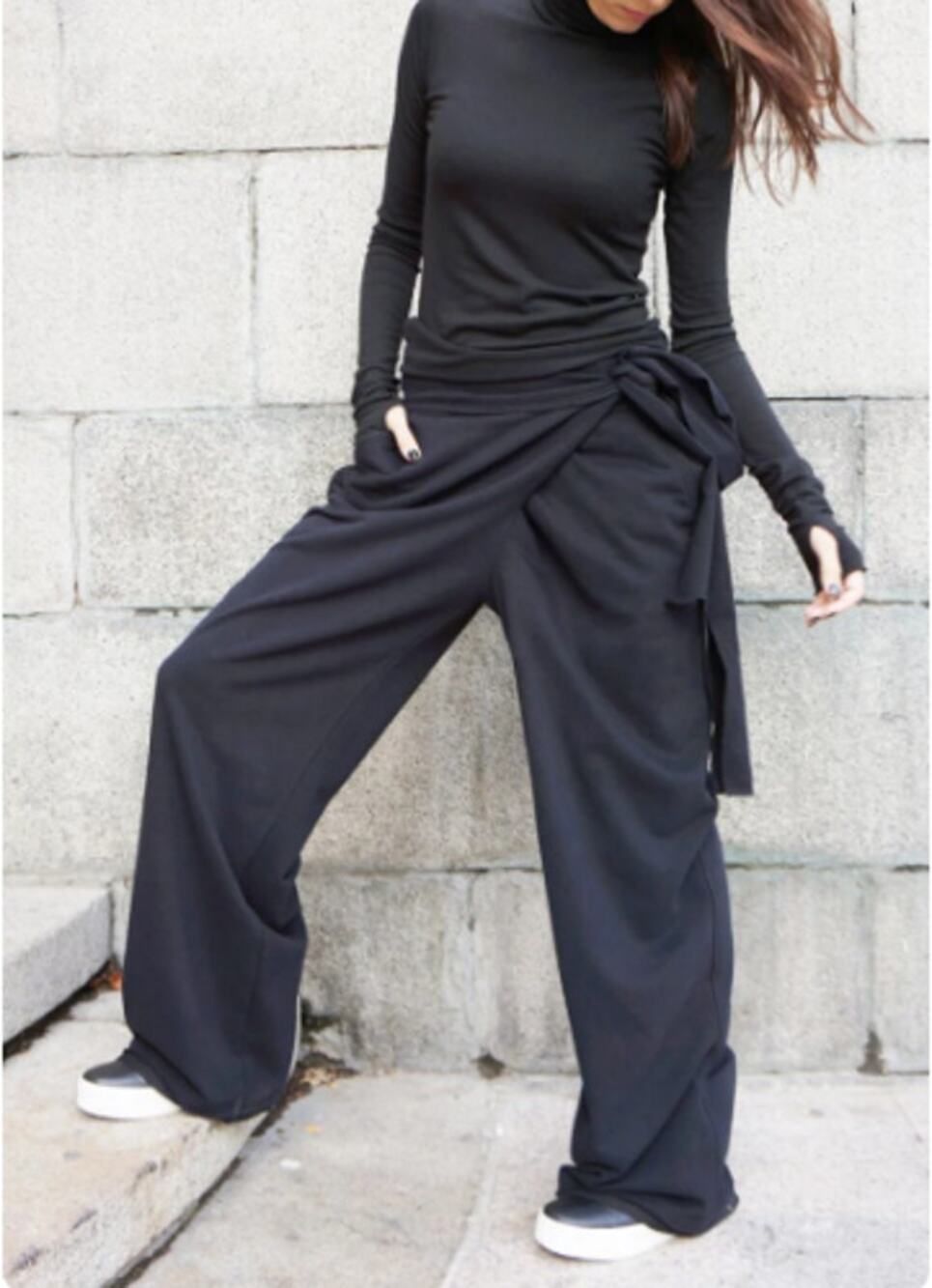 AAKASHA Cotton Overlapped Front Pants Black Med Lagenlook Artsy